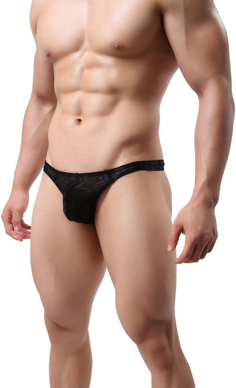 Men'S Lace Thong T Panties Ice Silk Low Waisted Lace Jacquard Underwear